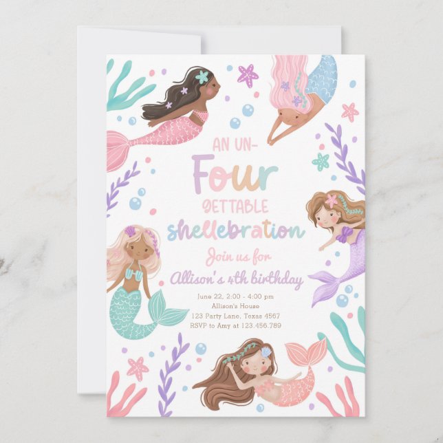 Mermaid Un-Four-Gettable Shellebration Birthday Invitation (Front)