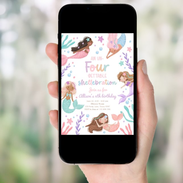 Mermaid Un-Four-Gettable Shellebration Birthday Invitation (Front Digital)