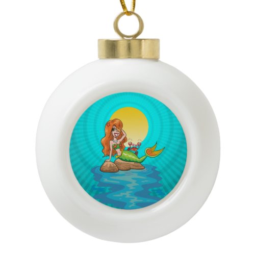 Mermaid under a Full Moon Ceramic Ball Christmas Ornament
