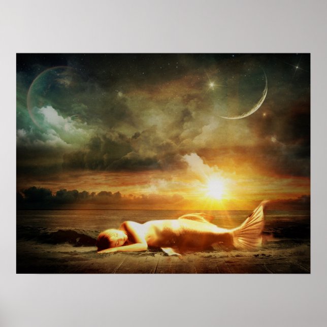 Mermaid under Moon Starry Night Mystical Poster (Front)
