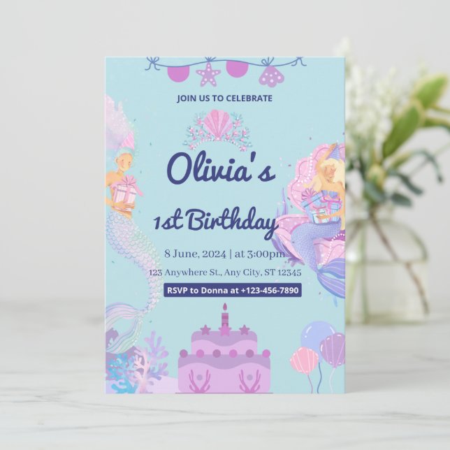 Mermaid Under Sea 1st Birthday Invitation (Standing Front)