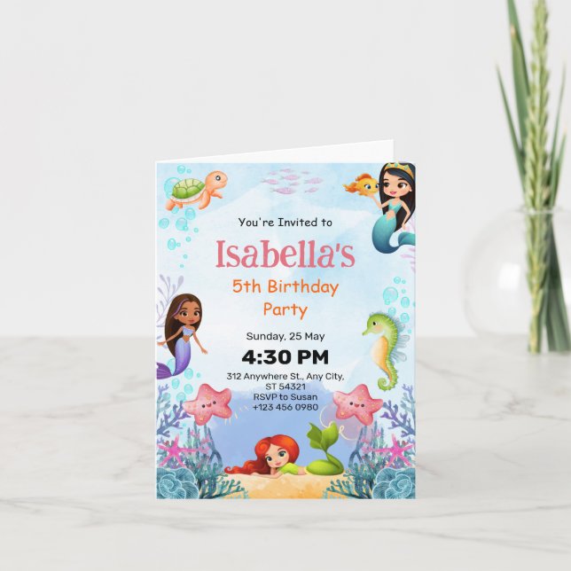 Mermaid Under Sea 5th Birthday Party Folded Card (Front)