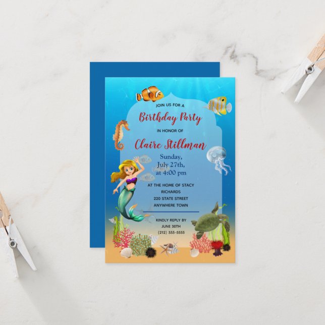 Mermaid Under Sea Adventure Birthday Party Invite (Front/Back In Situ)