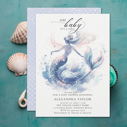 Mermaid Under Sea Elegant Chic Girl Baby Shower Invitation