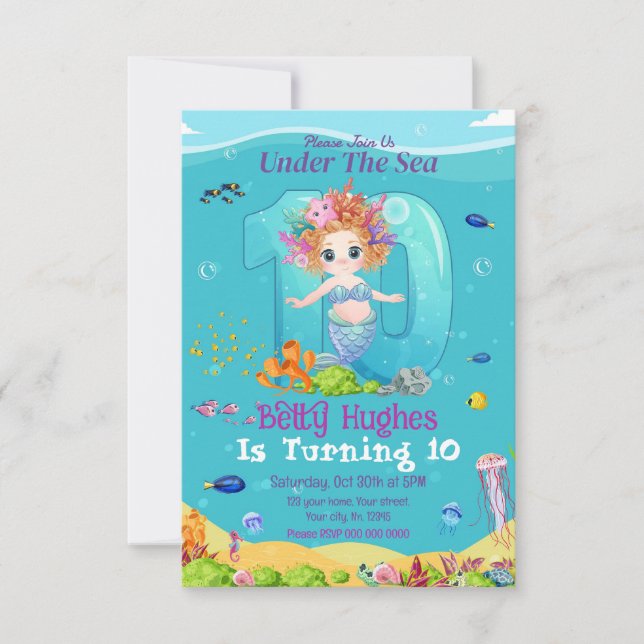 Mermaid Under The Sea 10th Birthday Invitation (Front)