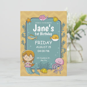 Mermaid Under The Sea 1st Birthday Party Invitation