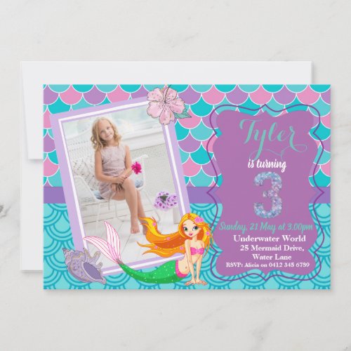 Mermaid Under the Sea 3rd Birthday invitation