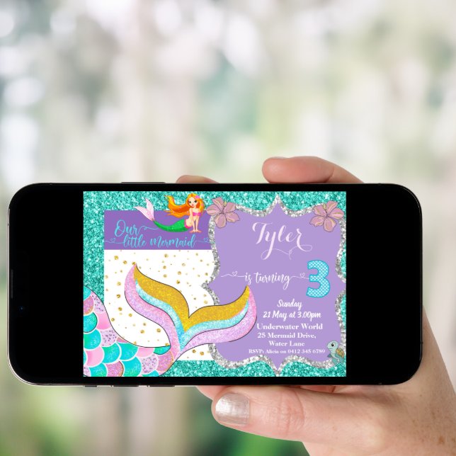 Mermaid Under the Sea 3rd Birthday invitation (Front Digital)