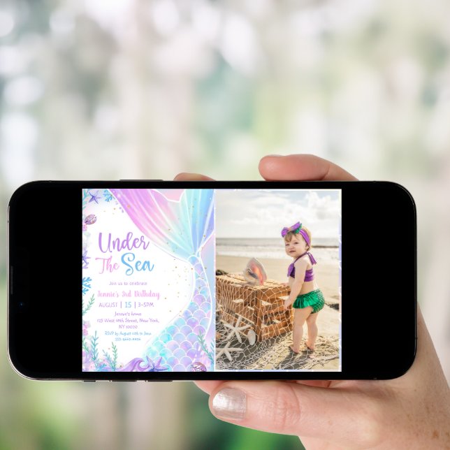 Mermaid Under The Sea 3rd Birthday Party Photo Invitation (Front Digital)