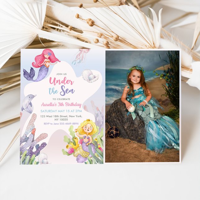 Mermaid Under The Sea 3th Birthday Party Photo Invitation (Creator Uploaded)