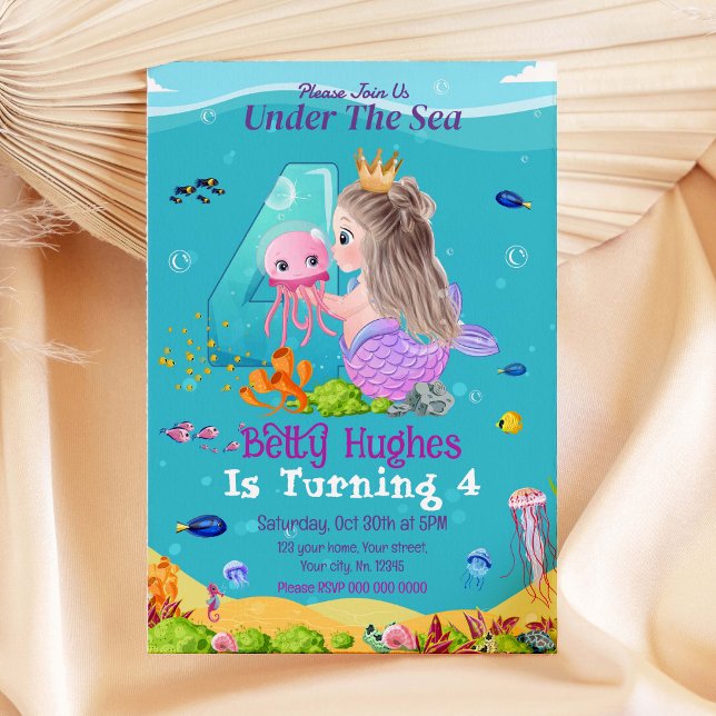 Mermaid Under The Sea 4th Birthday Invitation (Creator Uploaded)