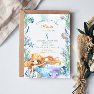 Mermaid Under The Sea 4th Birthday Party Invitation