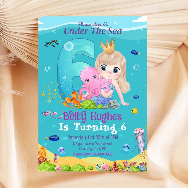 Mermaid Under The Sea 6th Birthday Invitation (Creator Uploaded)