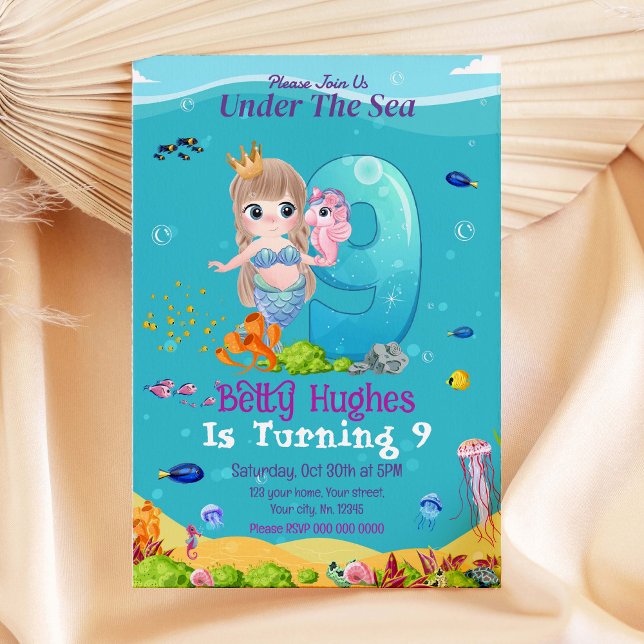 Mermaid Under The Sea 9th Birthday Invitation (Creator Uploaded)