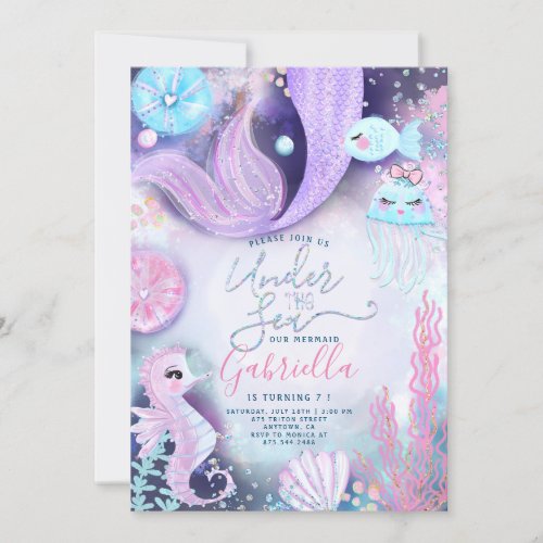 Mermaid Under The Sea Animals Birthday Invitation
