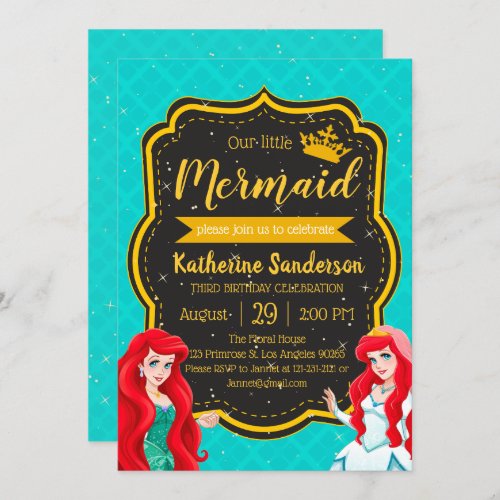 Mermaid Under The Sea Aqua Gold Princess Birthday Invitation