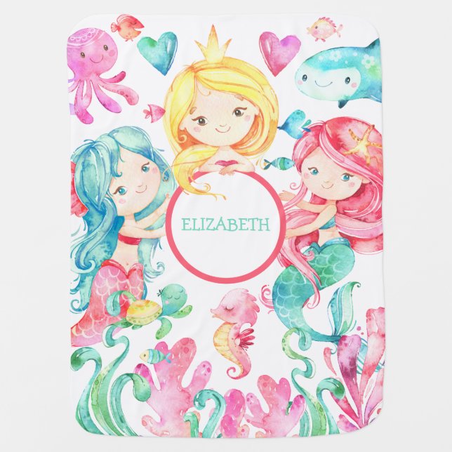 Mermaid Under the Sea Baby Girl Personalized Cute Blanket (Front)