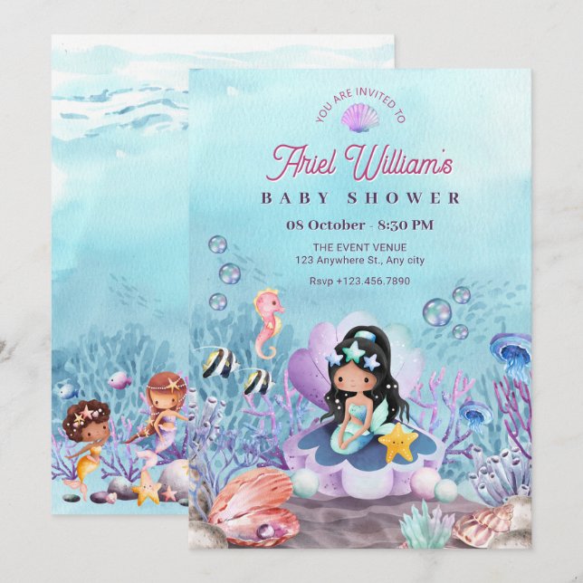 Mermaid under the sea baby shower invitation (Front/Back)