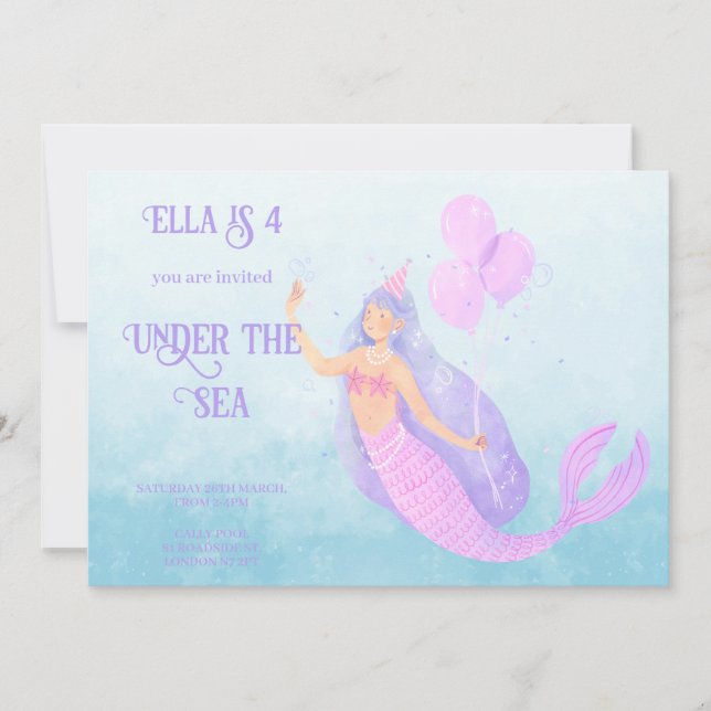 Mermaid Under the Sea Birthday Blue Invitation (Front)