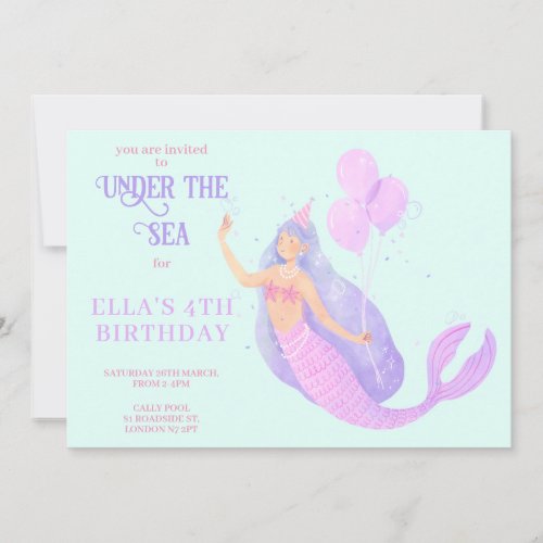 Mermaid Under the Sea Birthday Blue Invitation