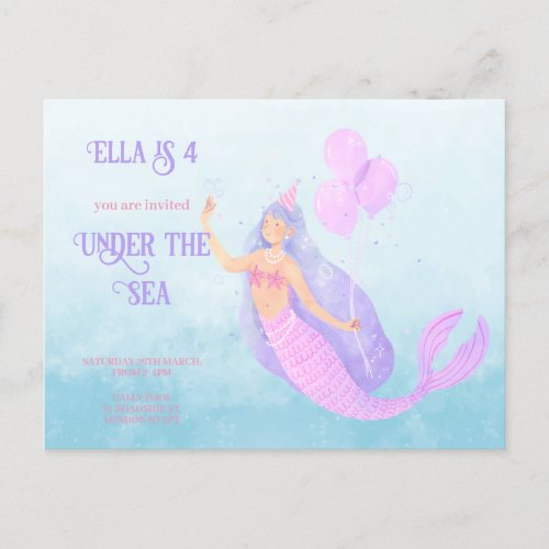 Mermaid Under the Sea Birthday Blue invitation Postcard