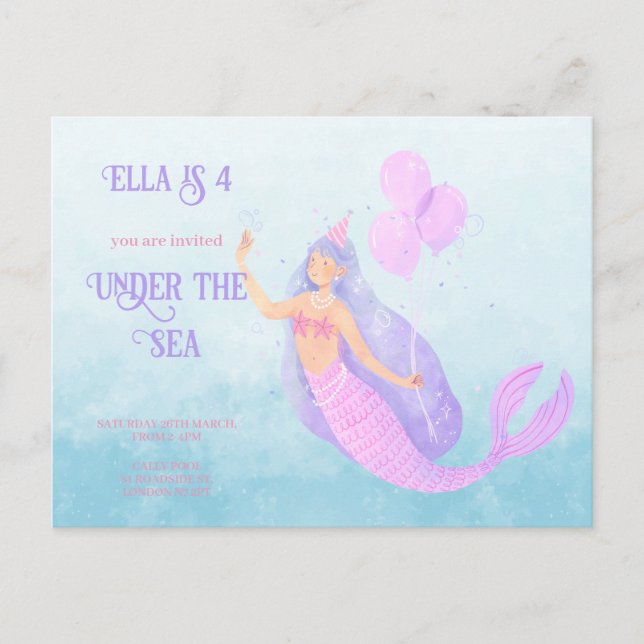 Mermaid Under the Sea Birthday Blue invitation Postcard (Front)
