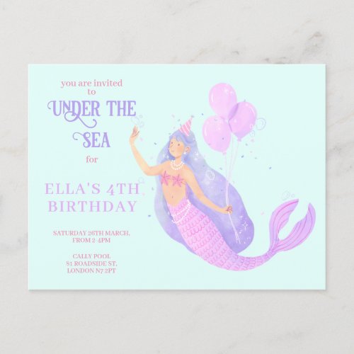 Mermaid Under the Sea Birthday Blue invitation Postcard