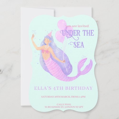 Mermaid Under the Sea Birthday Blue Party Invitation