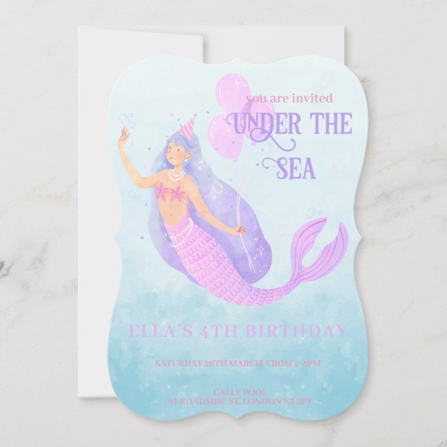 Mermaid Under the Sea Birthday Blue Party Invitation (Front)