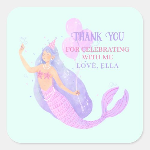 Mermaid Under the Sea Birthday Blue Thank you Square Sticker