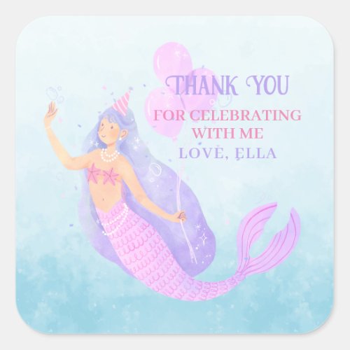 Mermaid Under the Sea Birthday Blue Thank you Square Sticker