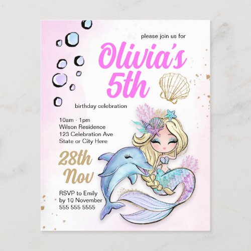 Mermaid Under the Sea Birthday Budget Invitation