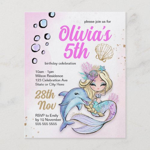 Mermaid Under the Sea Birthday Budget Invitation Flyer