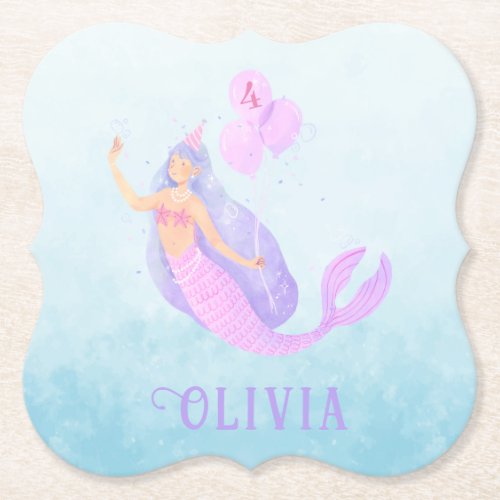 Mermaid Under the Sea Birthday Girl Age Blue Paper Coaster