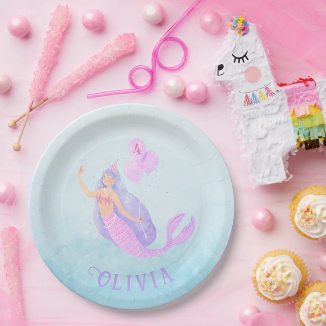Mermaid Under the Sea Birthday Girl Age Blue Paper Plates (Party)