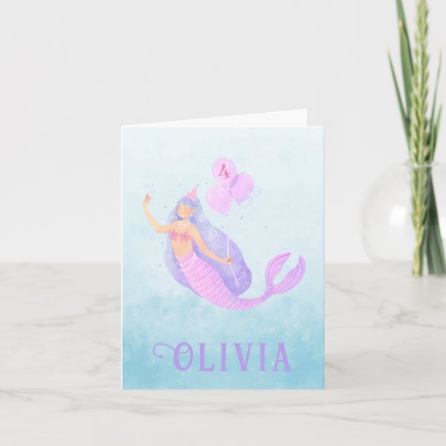 Mermaid Under the Sea Birthday Girl Age Blue Party Note Card (Front)