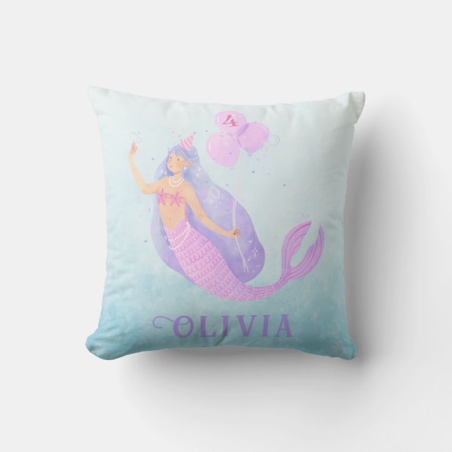 Mermaid Under the Sea Birthday Girl Age Blue Throw Pillow (Front)