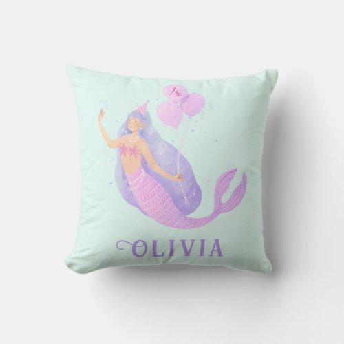 Mermaid Under the Sea Birthday Girl Age Blue Throw Pillow