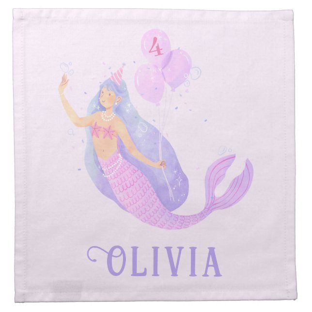 Mermaid Under the Sea Birthday Girl Age Pink Cloth Napkin (Front)