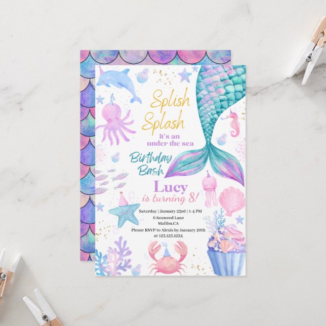 Mermaid Under The Sea Birthday Invitation (Front/Back In Situ)