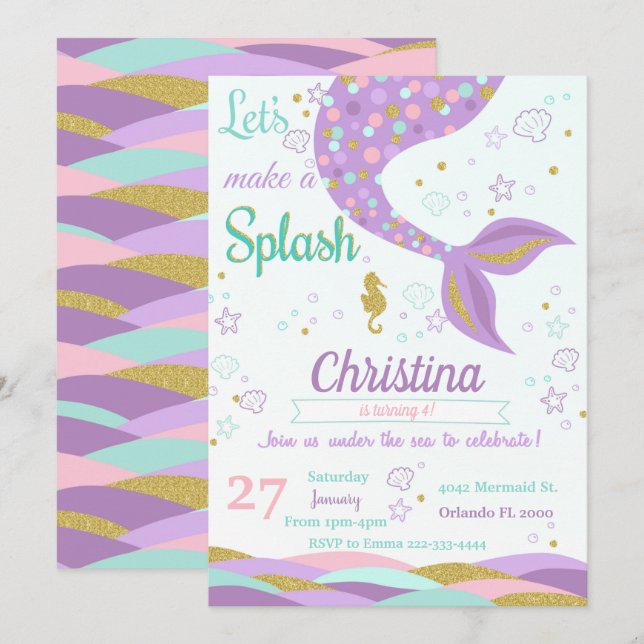 Mermaid Under The Sea Birthday Invitation (Front/Back)