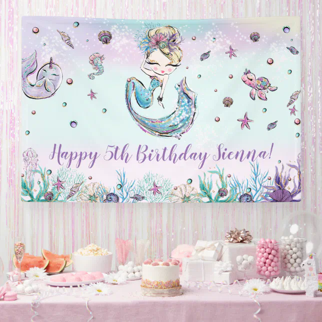 Mermaid Under the Sea Birthday Party Backdrop Banner | Zazzle