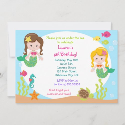 Mermaid Under the sea Birthday Party Invitation