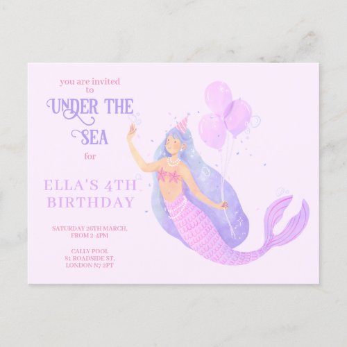 Mermaid Under the Sea Birthday Party Invitation Postcard