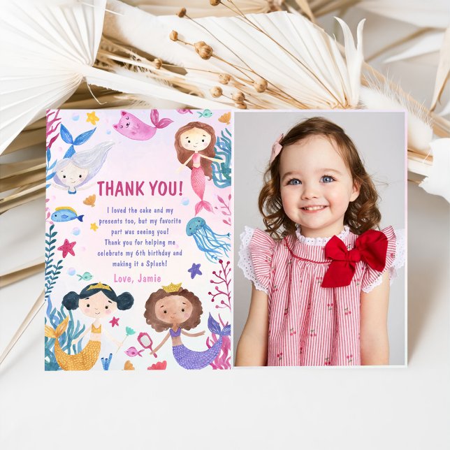 Mermaid Under The Sea Birthday Party Photo Thank You Card (Creator Uploaded)