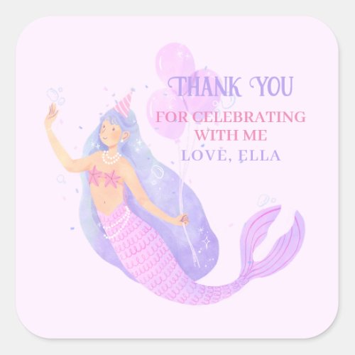 Mermaid Under the Sea Birthday Party Thank you Square Sticker