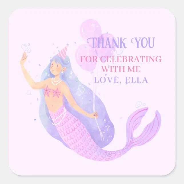Mermaid Under the Sea Birthday Party Thank you Square Sticker | Zazzle