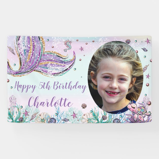 Mermaid Under the Sea Birthday Photo Backdrop Banner (Horizontal)