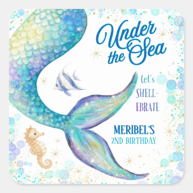 Mermaid Under the Sea Birthday Square Sticker (Front)