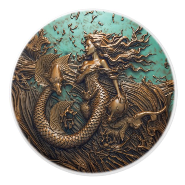 Mermaid Under The Sea Bronze 3D Effect Marine Ceramic Knob (Front)
